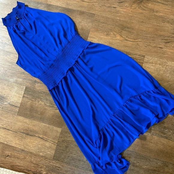 CeCe Smocked waist high neck halter flowy blue sleeveless dress - Picture 2 of 7